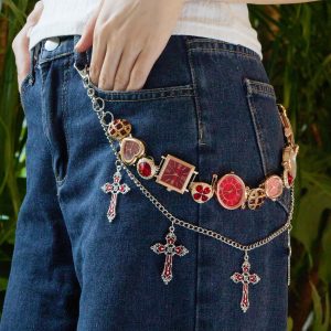 Red Punk Watch Pants Chain, Gothic Waist Chain with Cross Charms, Upcycled Watches for Edgy Streetwear, Grunge Statement Accessory