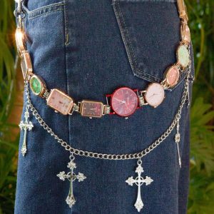 Statement Watch Pants Chain, Colorful Punk Chain Belt with Cross Charms for Grunge, Goth Looks, Handmade Grunge Streetwear Accessory