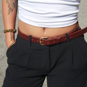 Slim, brown leather belt, full-grain leather handmade in Canada. Brass buckle women's belt